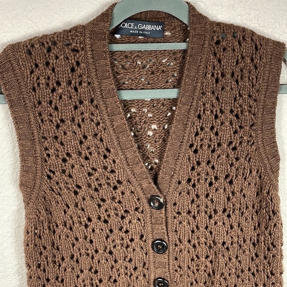 Dolce & Gabbana Chunky Open Cable Knit Vest Cardigan Brown Wool Yak - Picture 2 of 10